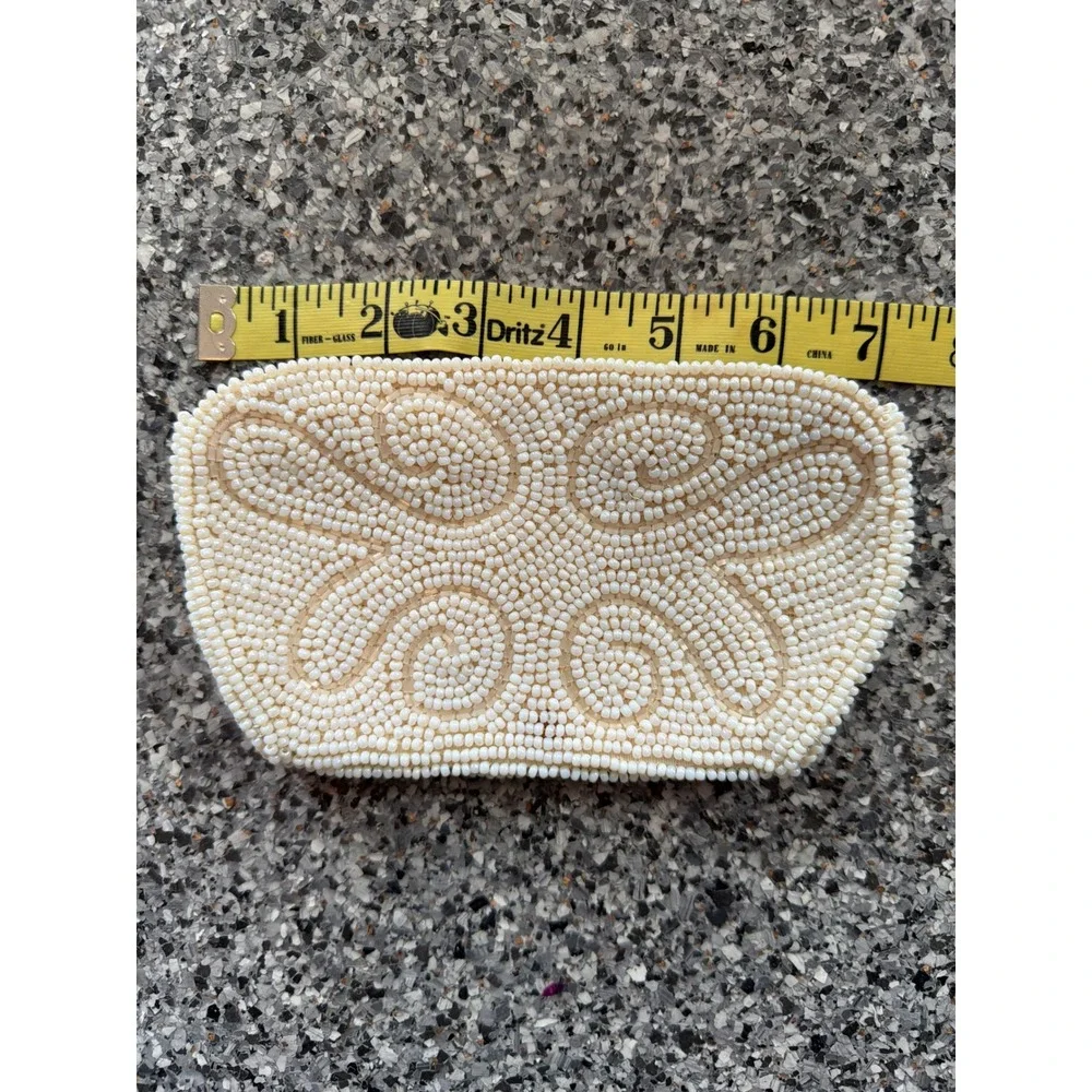 Vintage Cream Seed Bead Clutch Swirl Scroll Pattern Ivory Evening Bag 7x4